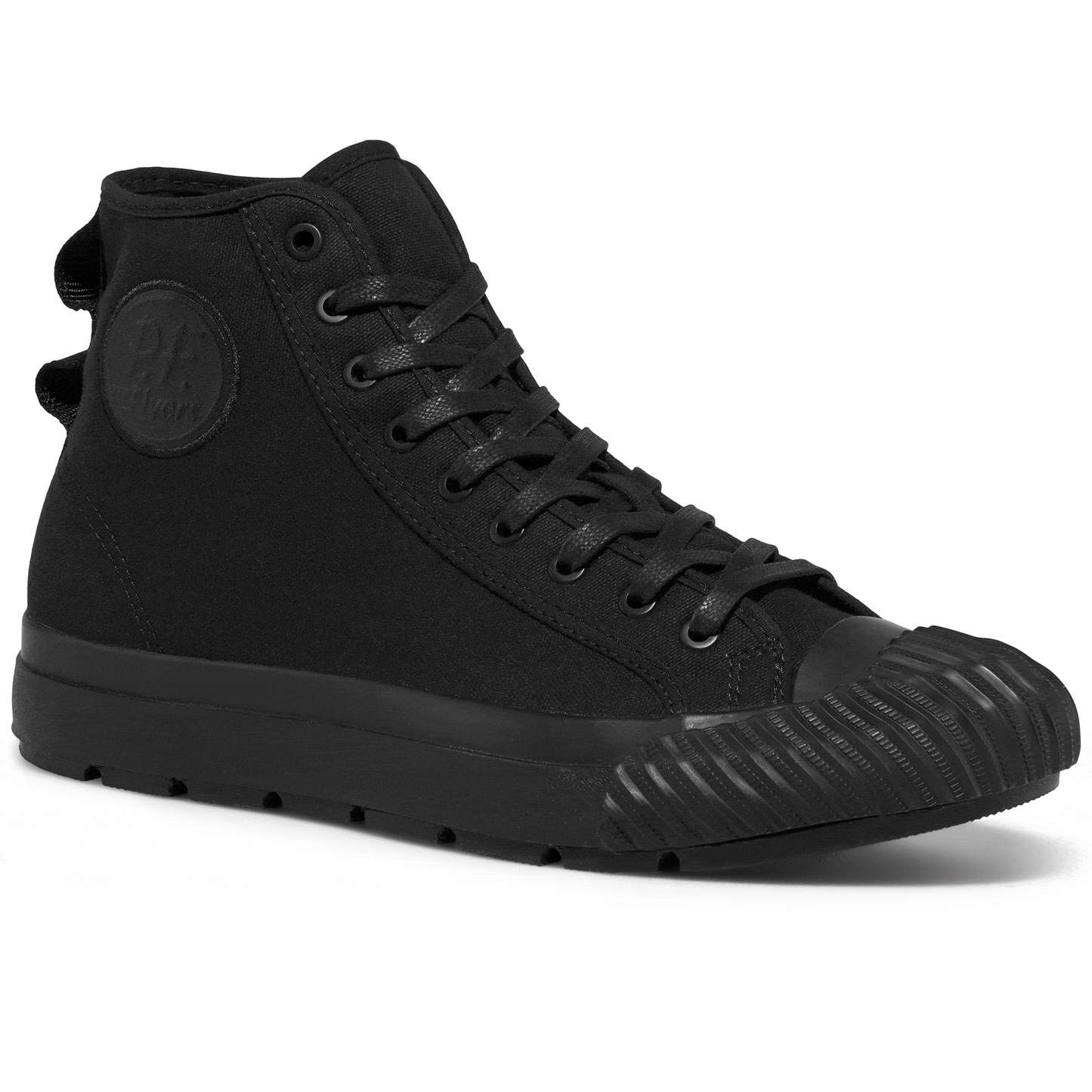 Black high-top sneaker rotating gif showing different angles of the sneaker.