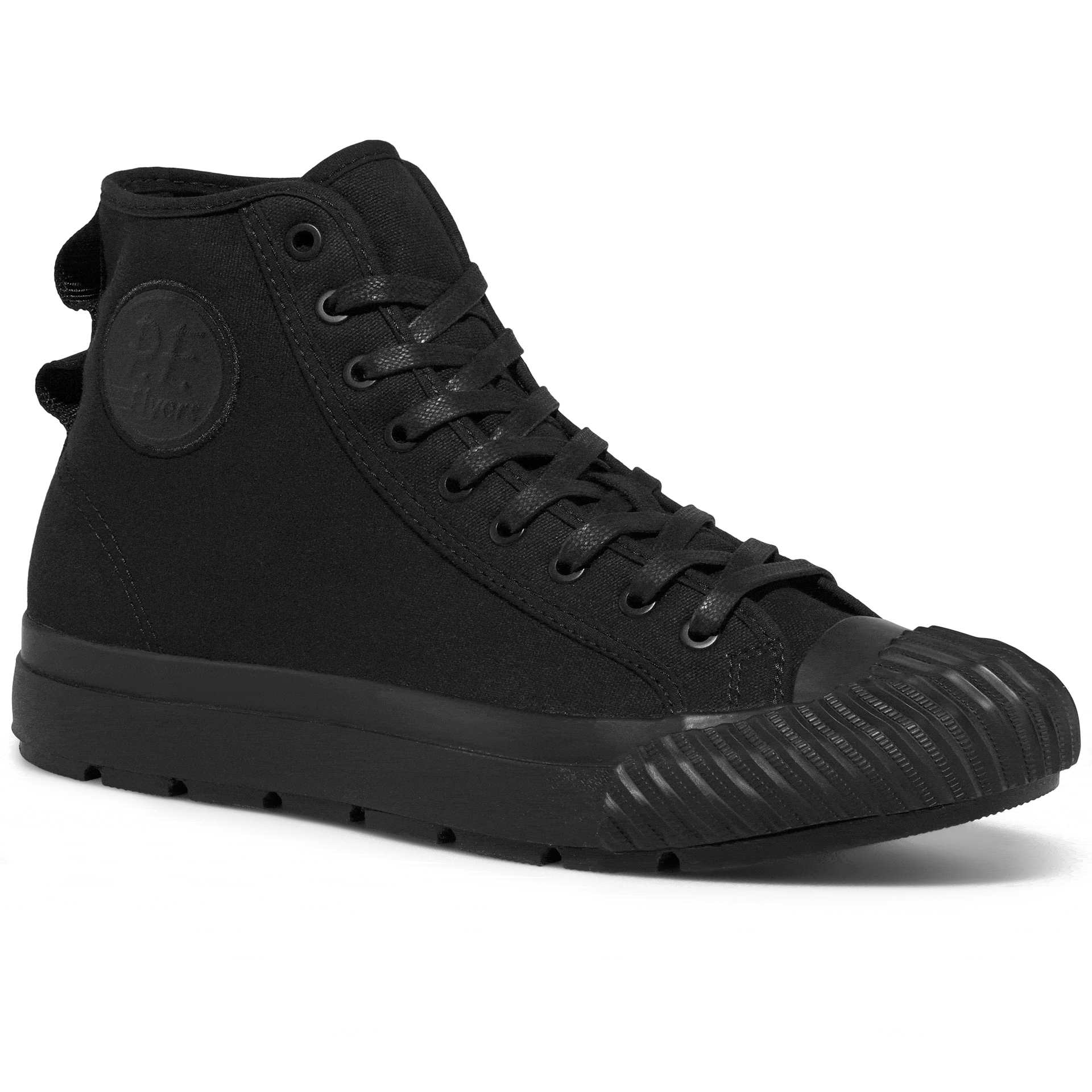 Black high-top sneaker rotating gif showing different angles of the sneaker.