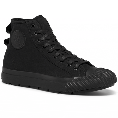 Black high-top sneaker rotating gif showing different angles of the sneaker.