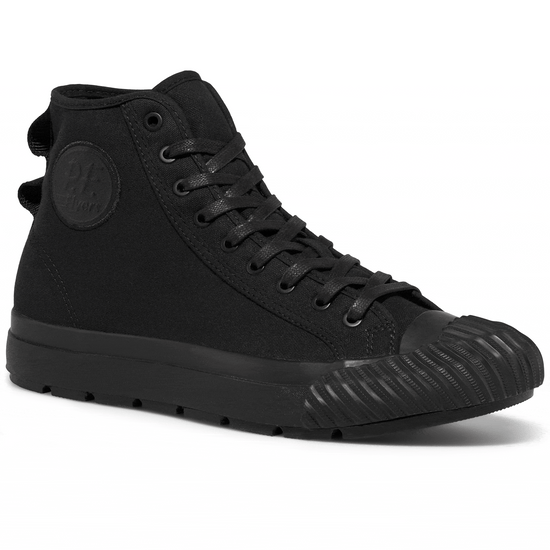 Black high-top sneaker rotating gif showing different angles of the sneaker. alternate view