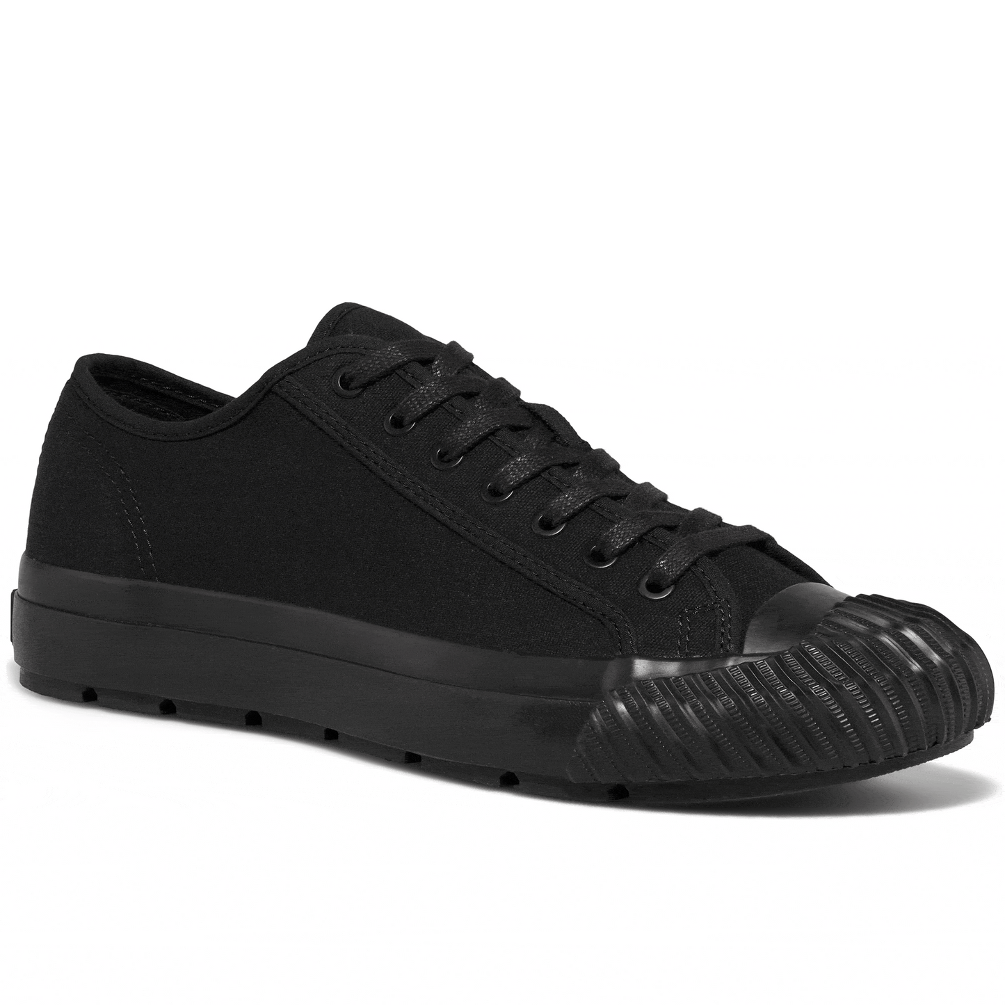 Black low-top sneaker rotating gif showing different angles of the sneaker.