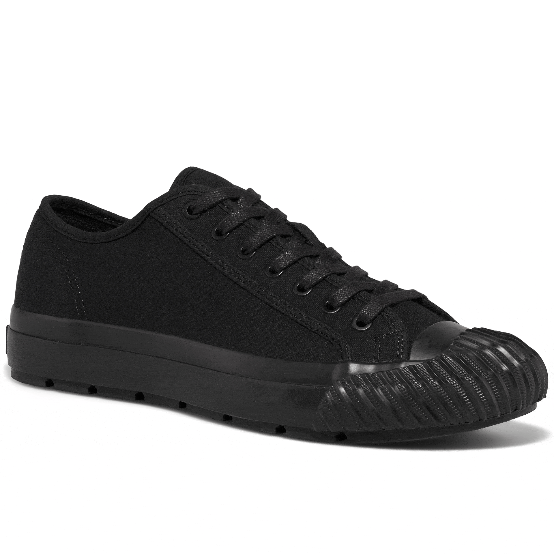 Black low-top sneaker rotating gif showing different angles of the sneaker.