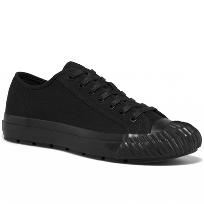 Black low-top sneaker rotating gif showing different angles of the sneaker.