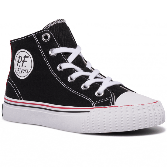Rotating gif showing different angles of a kids' black-and-white high-top sneaker. alternate view