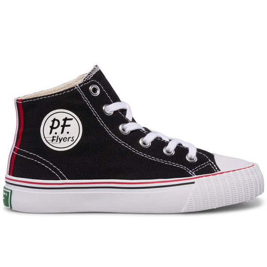 Kids' black high-top sneaker with white midsoles and red accents shown on a white background.