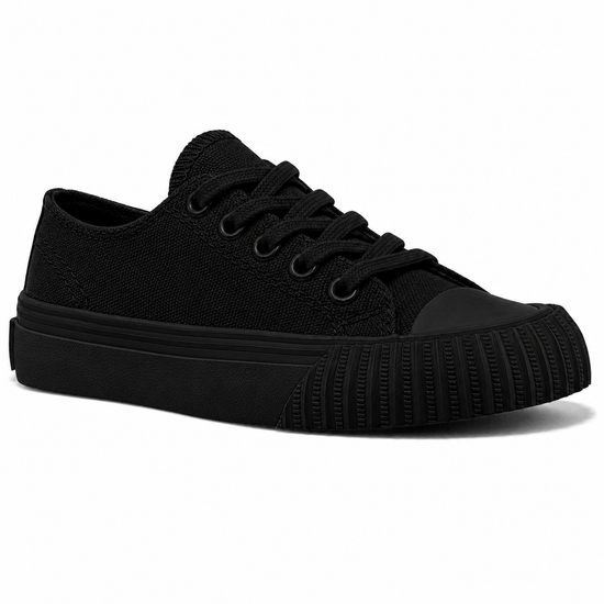 Black low-top sneaker on a white background. alternate view