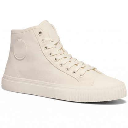 Rotating gif showing different angles of a white high-top sneaker.