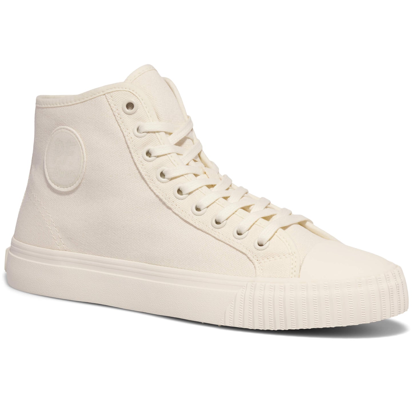 White high-top canvas sneaker on a white background.