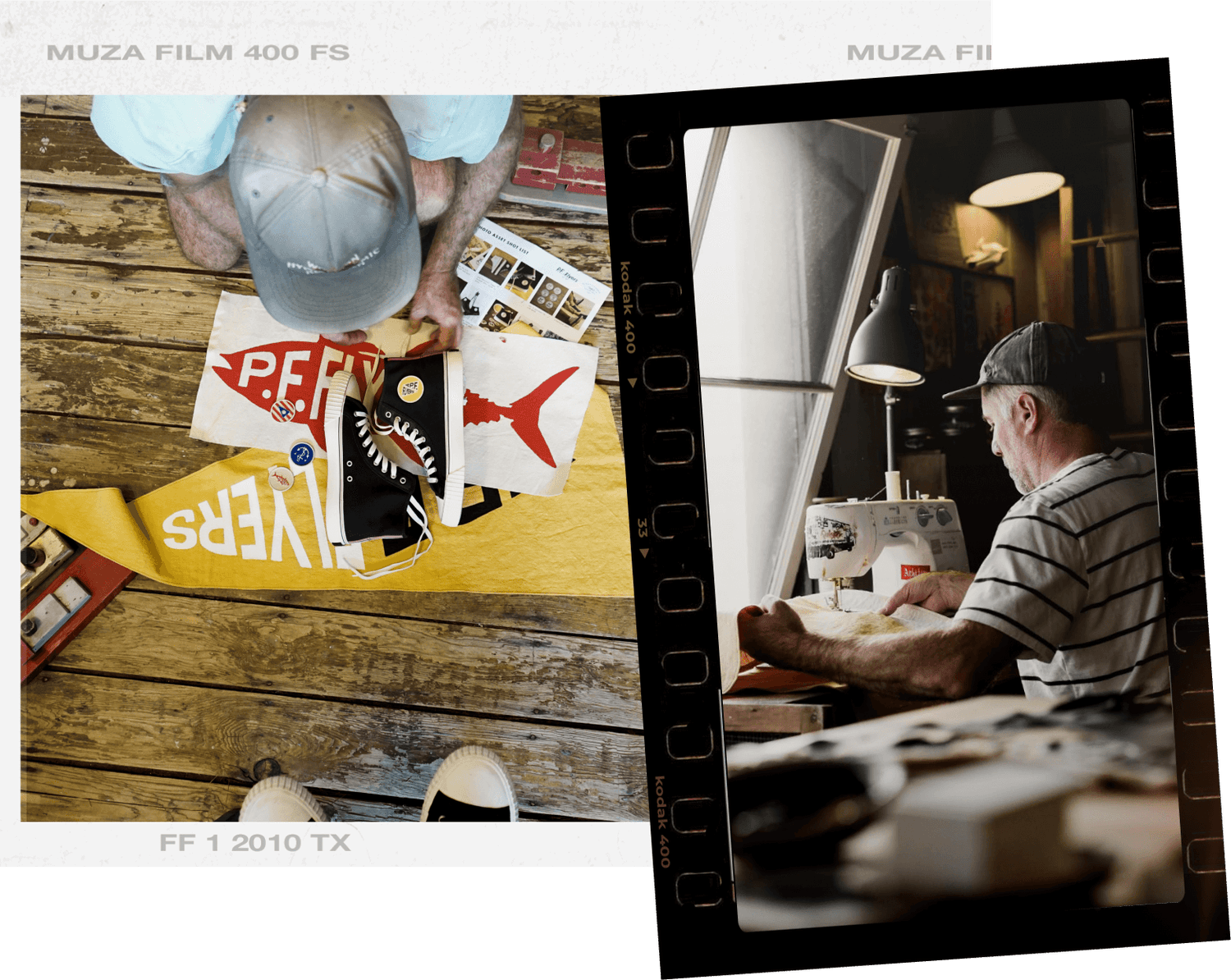 Collage of a person working with posters and another person sitting at a desk in a room. P.F. Flyers x Slightly Choppy Collab