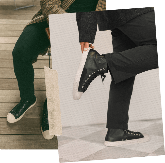 Person wearing black high-top sneakers on a wooden floor and black high-top sneakers on a checkered floor.