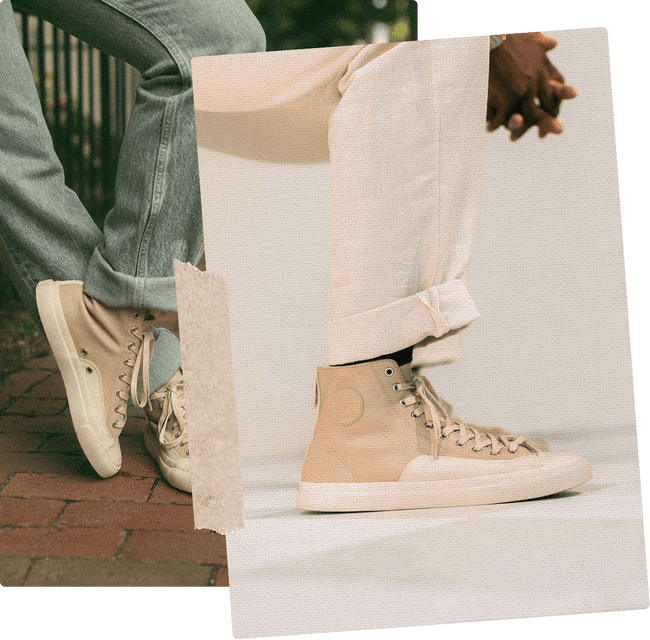 Beige high-top sneakers worn with light-colored pants on a white background