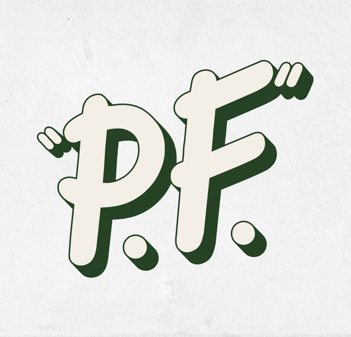 Retro 'P.F.' logo on a light gray background.