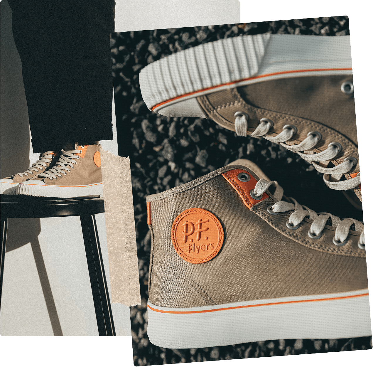 Tan canvas high-top sneaker with gum rubber sole