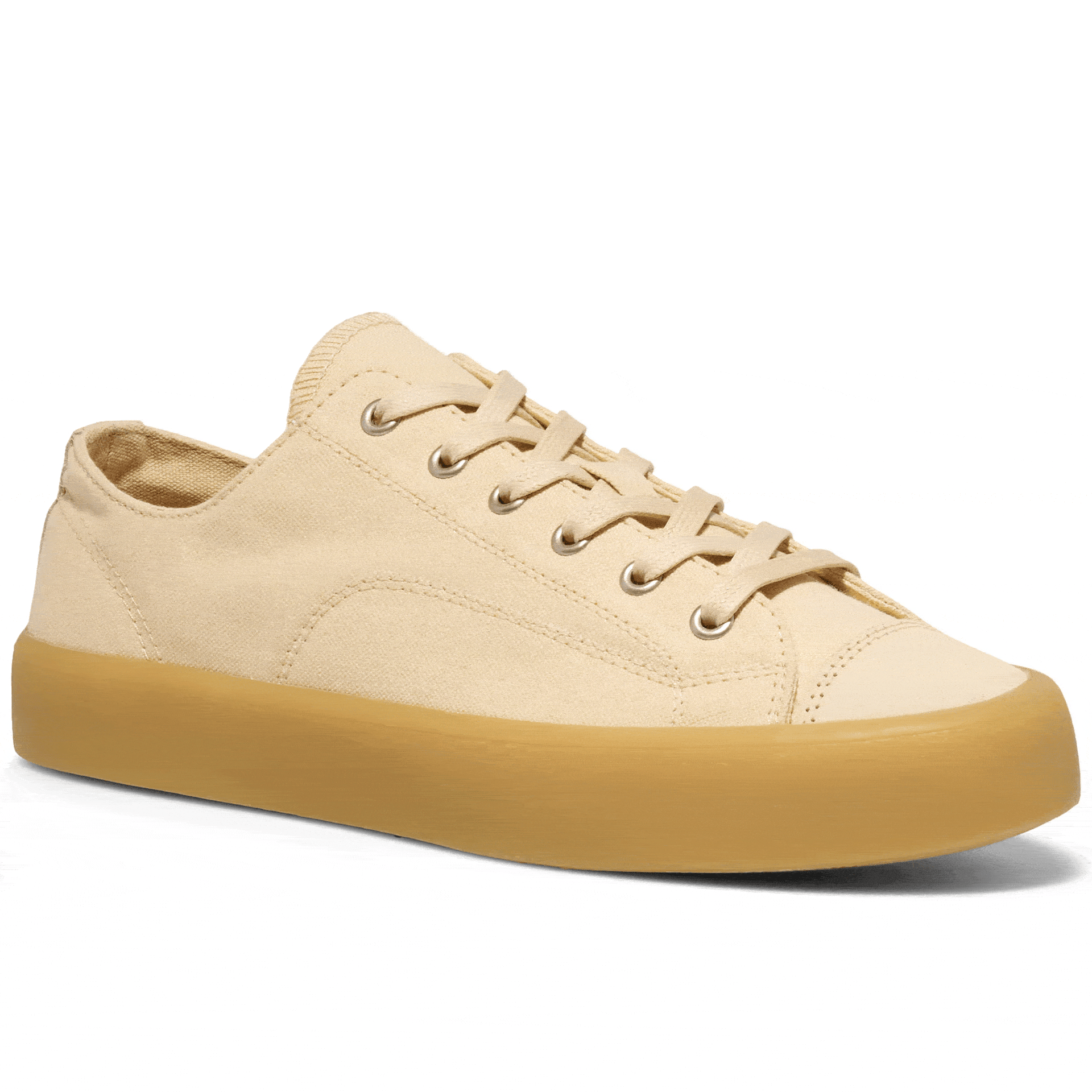 Beige low-top sneaker rotating gif showing different angles of the sneaker.